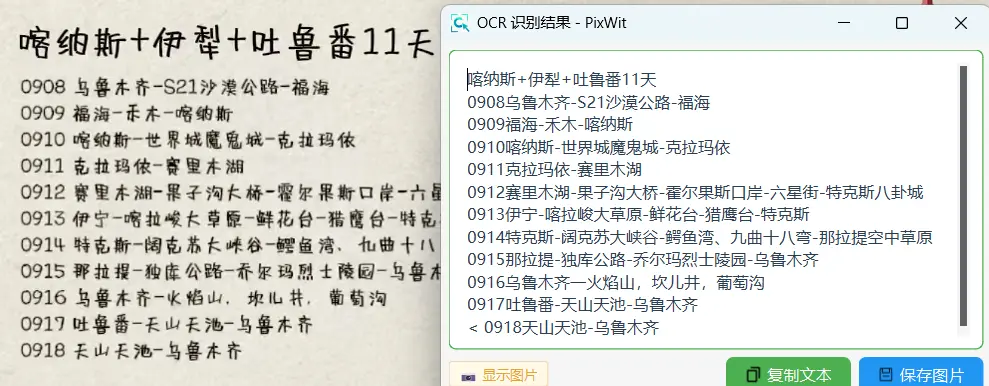 PixWit OCR 文字识别功能界面 - 展示图片文字识别结果